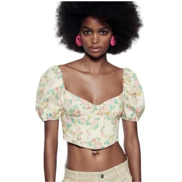 Zara Puff Sleeve Floral Crop Corset Top - Picture 1 of 3
